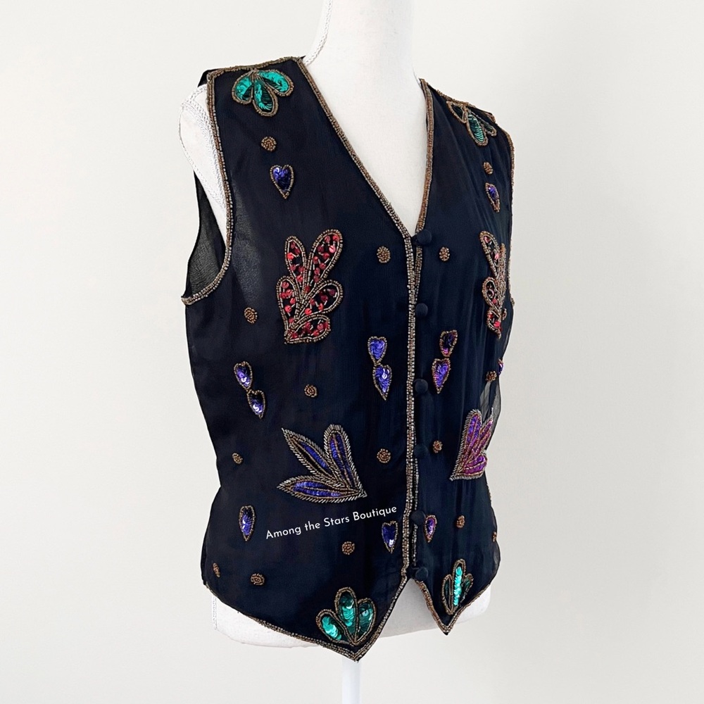 Rare 90s Vintage Embellished Sequin & Beaded Silk Vest ASO Phoebe in Friends - Picture 11 of 14